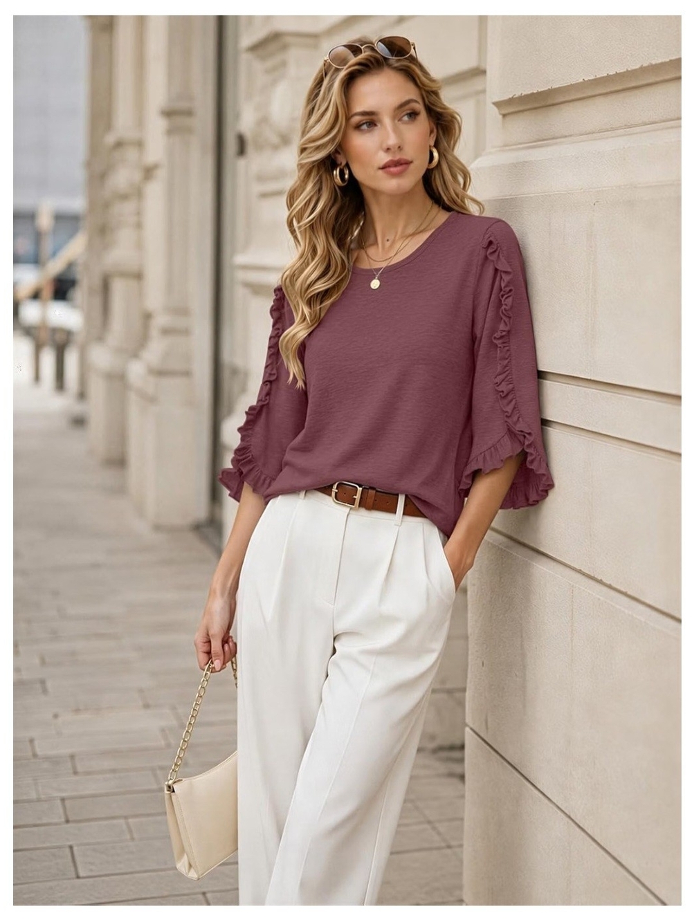 Women's Ruffled Sleeve Top in Mauve